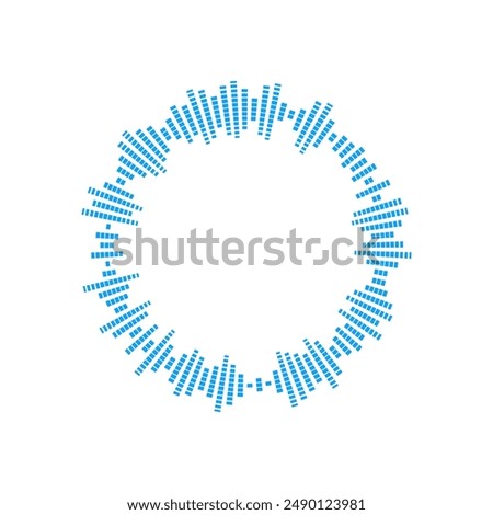 Radial blue sound wave. Circle audio impulse signal. Circular music sound equalizer. Radio and voice volume lines symbol. Vector flat illustration. Sonic spectrum round pattern and frequency frame