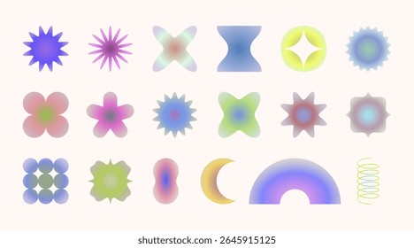 Radial blur gradient groovy and retro geometric shapes. Simple elements, y2k forms. Vector illustration