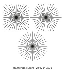 Radial burst forms. Central dark gradient. Star pattern shape. Vector abstract layout.