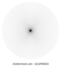Elemento circular de líneas de ráfaga radiales. Gráficos Starburst, sunburst. Rayos concéntricos, vigas. Pista de espárragos, brillo, líneas de sendero de arrugas. Flare, explosión, efecto radiante de fuegos artificiales. Diseño Flash y brillante