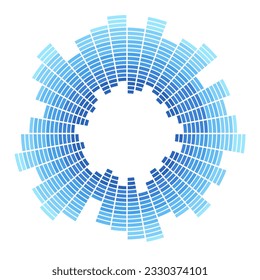 Radial burst lines. Design segmented element. Radial blue concentric particles isolated on white background. Abstract geometric shape. Blue color sunburst. Infographic template. Vector illustration.