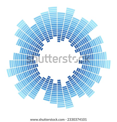 Radial burst lines. Design segmented element. Radial blue concentric particles isolated on white background. Abstract geometric shape. Blue color sunburst. Infographic template. Vector illustration.