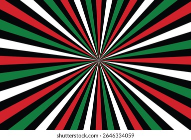 Padrão de intermitência radial com listras alternadas em preto, branco, vermelho e verde representando as cores da bandeira palestina