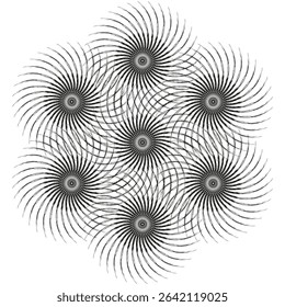 Radial burst pattern. Sunburst optical illusion. Vector radiating lines. Hypnotic spiral design.