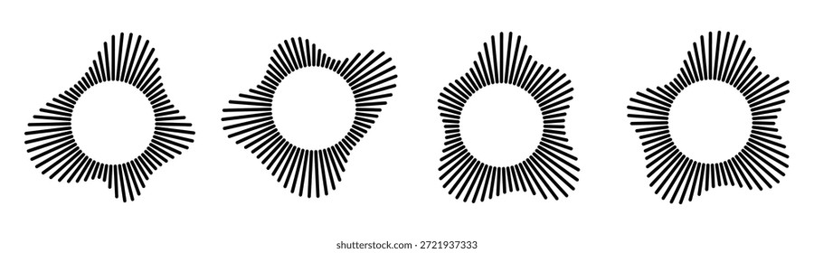 Padrões de intermitência radial com linhas de forma de onda horizontal e anéis concêntricos. Gráficos de frequência de áudio abstratos - formas geométricas, efeitos de ondulação e ícones de equalizador para design de música em branco.