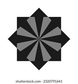 Radial bursting arrows, grey square icon. A circular arrangement of arrow symbols forms 2 squares. Isolated on a white background.