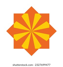 Radial bursting arrows, orange square icon. A circular arrangement of arrow symbols forms 2 squares. Isolated on a white background.