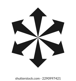 Radial bursting arrows silhouette shape icon. A circular arrangement of black arrow symbols. Isolated on a white background.