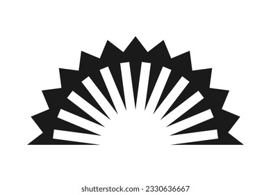 Radial bursting arrows, sunrise silhouette icon. A semicircular arrangement of black arrow symbols. Isolated on a white background.