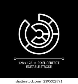 Radial chart white linear icon for dark theme. Circular graph. Business information. Strategic goal. Data visualization. Thin line illustration. Isolated symbol for night mode. Editable stroke