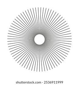 Linhas pretas de círculo radial. Símbolo dos raios solares. Modelo de linhas circulares minimalista. Elemento gráfico plano. Fala com listras irradiantes. Forma geométrica da ilusão abstrata.