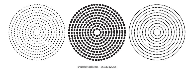 Radial circle dot lines. Circle halftone set. Dynamic abstract elements. Round halftones geometric dots. Sun star rays, burst. Abstract geometric radiating stripes grid. Vector illustration. 