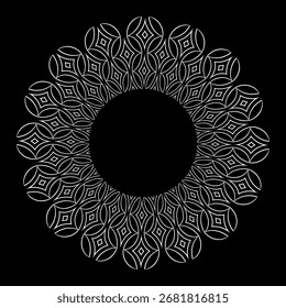 Radial Circle Floral Pattern on Black Bacground. Abstract Decorative Flower. Round Design Element. Vector Art.