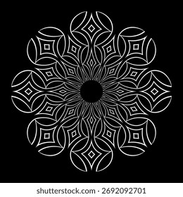 Radiales kreisförmiges Blumenmuster auf schwarzem Hintergrund. Abstrakte dekorative Blume. Runde Designelemente. Vektorkunst.