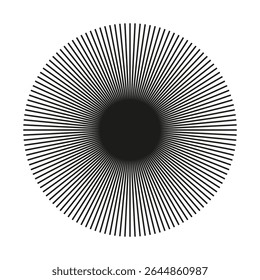 Fundo de linhas de círculo radial. Elemento de linhas pretas circulares. Símbolo dos raios solares. Padrão na moda de design plano. Fala com listras irradiantes. Forma geométrica redonda abstrata.