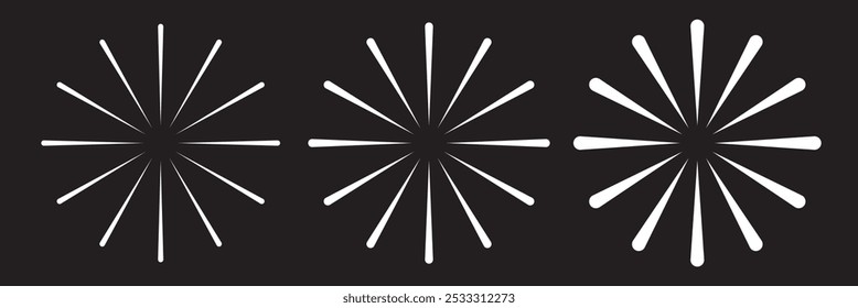 Líneas radiales circulares. Líneas circulares Elementos abstractos dinámicos. Antiguas colección de rayos solares. Rayos de estrellas del sol, estallan. Abstractas rejilla de rayas radiantes geométricas. Ilustración vectorial. 