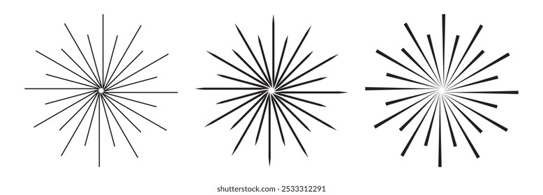 Líneas radiales circulares. Líneas circulares Elementos abstractos dinámicos. Antiguas colección de rayos solares. Rayos de estrellas del sol, estallan. Abstractas rejilla de rayas radiantes geométricas. Ilustración vectorial. 