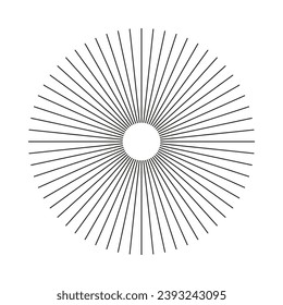 Radial circle lines. Circular lines element. Outlined symbol of Sun star rays. Abstract geometric illusion shape. Spokes with radiating stripes. Flat design element. Vector graphic illustration.