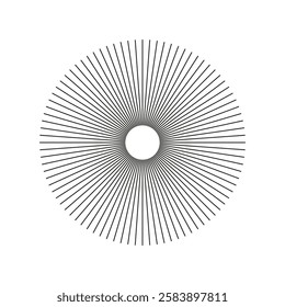 Radial circle lines. Circular lines element. Symbol of Sun star rays. Spokes with radiating stripes. Abstract illusion geometric shape. Flat design graphic template.