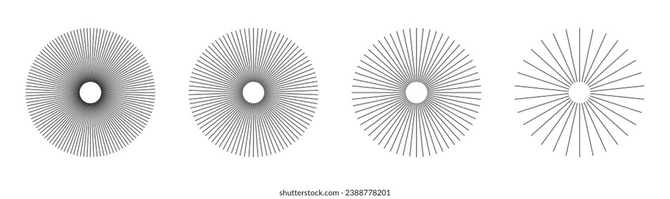 Radial circle lines. Circular lines elements. Symbol of Sun star rays. Flat design element. Abstract illusion geometric shape. Spokes with radiating stripes. Vector graphic illustration.