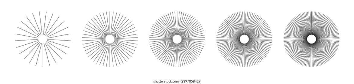 Radial circle lines. Circular lines elements. Symbol of sun star rays. Flat design elements. Set of abstract illusion geometric shapes. Spokes with radiating stripes. Vector graphic illustration. Eps.