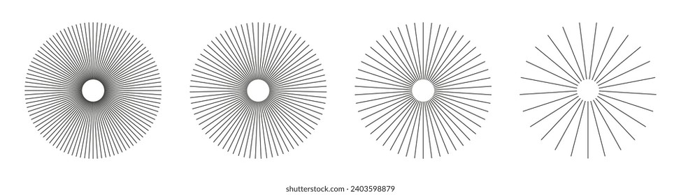 Líneas de círculo radiales. Elementos de líneas circulares. Símbolo de los rayos de estrellas del Sol. Elementos de diseño planos. Habla con rayas radiantes. Ilusión abstracta de formas geométricas.