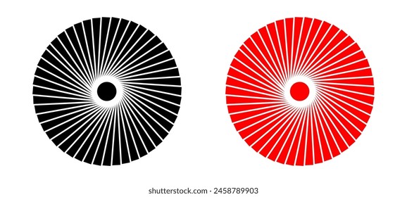 Radial circle lines. Circular lines elements. Symbol of Sun star rays. Flat design element. Abstract illusion geometric shape. Spokes with radiating stripes. Vector graphic illustration.