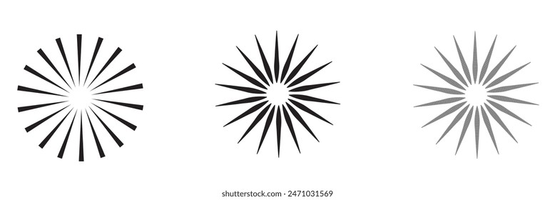 Radial circle lines. Circular lines elements. Symbol of Sun star rays. Flat design elements. Spokes with radiating stripes. Abstract illusion geometric shapes.