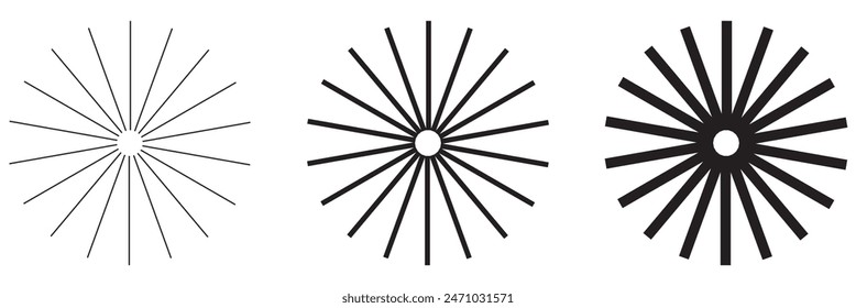 Radial circle lines. Circular lines elements. Symbol of Sun star rays. Flat design elements. Spokes with radiating stripes. Abstract illusion geometric shapes.