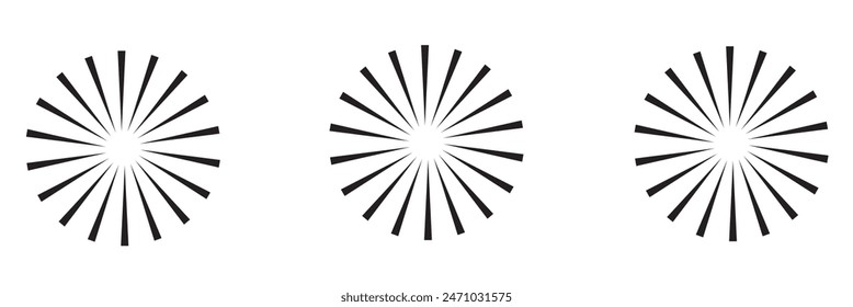 Radial circle lines. Circular lines elements. Symbol of Sun star rays. Flat design elements. Spokes with radiating stripes. Abstract illusion geometric shapes.