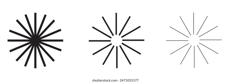 Radial circle lines. Circular lines elements. Symbol of Sun star rays. Flat design elements. Spokes with radiating stripes. Abstract illusion geometric shapes.