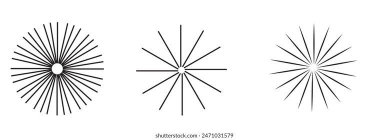 Radial circle lines. Circular lines elements. Symbol of Sun star rays. Flat design elements. Spokes with radiating stripes. Abstract illusion geometric shapes.