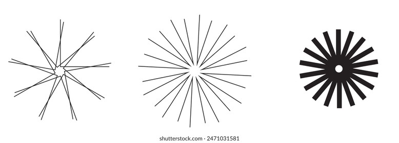 Radial circle lines. Circular lines elements. Symbol of Sun star rays. Flat design elements. Spokes with radiating stripes. Abstract illusion geometric shapes.