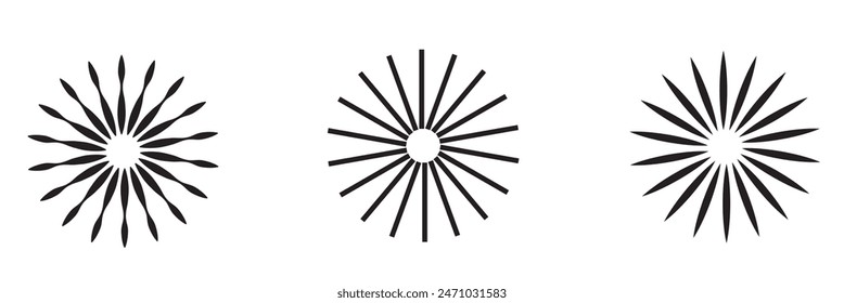 Radial circle lines. Circular lines elements. Symbol of Sun star rays. Flat design elements. Spokes with radiating stripes. Abstract illusion geometric shapes.