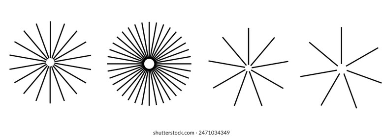 Radial circle lines. Circular lines elements. Symbol of Sun star rays. Flat design elements. Spokes with radiating stripes. Abstract illusion geometric shapes.