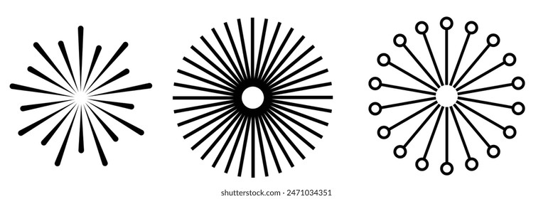 Radial circle lines. Circular lines elements. Symbol of Sun star rays. Flat design elements. Spokes with radiating stripes. Abstract illusion geometric shapes.