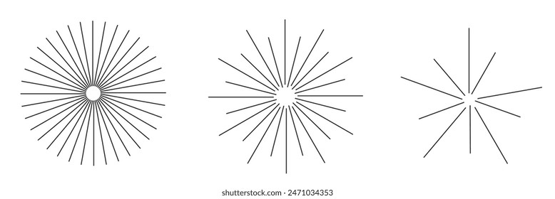 Radial circle lines. Circular lines elements. Symbol of Sun star rays. Flat design elements. Spokes with radiating stripes. Abstract illusion geometric shapes.