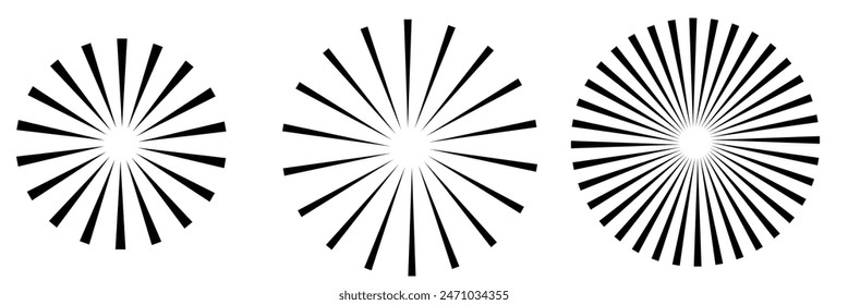 Radial circle lines. Circular lines elements. Symbol of Sun star rays. Flat design elements. Spokes with radiating stripes. Abstract illusion geometric shapes.