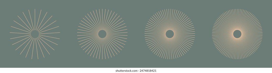 Radial circle lines. Circular lines elements. Symbol of Sun star rays. Flat Peach Fuzz design elements. Spokes with radiating stripes. Abstract illusion geometric shape.