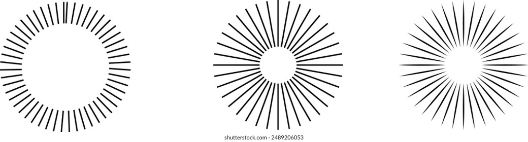 Radial circle lines. Circular lines elements. Symbol of Sun star rays. Flat design elements. Spokes with radiating stripes. Abstract illusion geometric shapes.