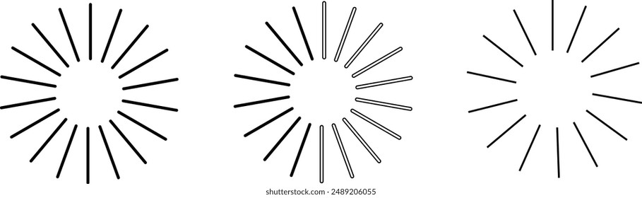 Radial circle lines. Circular lines elements. Symbol of Sun star rays. Flat design elements. Spokes with radiating stripes. Abstract illusion geometric shapes.