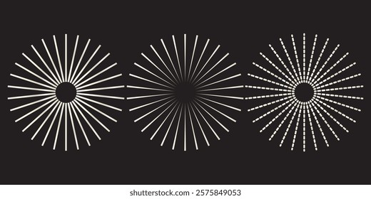 Radial circle lines. Circular lines elements. Symbol of Sun star rays. Flat design elements. Spokes with radiating stripes. Abstract illusion geometric shapes.