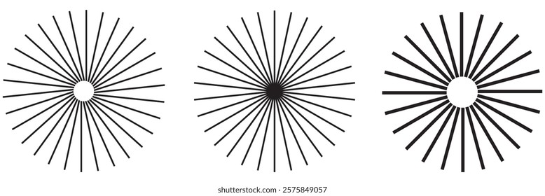 Radial circle lines. Circular lines elements. Symbol of Sun star rays. Flat design elements. Spokes with radiating stripes. Abstract illusion geometric shapes.