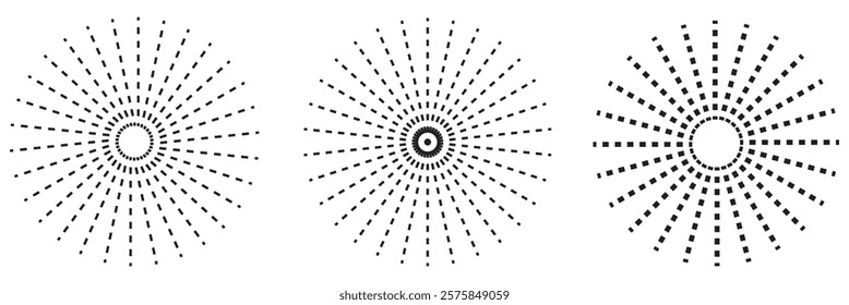 Radial circle lines. Circular lines elements. Symbol of Sun star rays. Flat design elements. Spokes with radiating stripes. Abstract illusion geometric shapes.