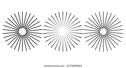 Radial circle lines. Circular lines elements. Symbol of Sun star rays. Flat design elements. Spokes with radiating stripes. Abstract illusion geometric shapes.