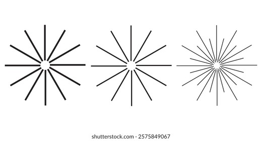 Radial circle lines. Circular lines elements. Symbol of Sun star rays. Flat design elements. Spokes with radiating stripes. Abstract illusion geometric shapes.