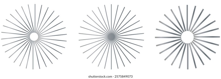 Radial circle lines. Circular lines elements. Symbol of Sun star rays. Flat design elements. Spokes with radiating stripes. Abstract illusion geometric shapes.