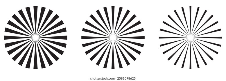 Radial circle lines. Circular lines elements. Symbol of Sun star rays. Flat design elements. Spokes with radiating stripes. Abstract illusion geometric shapes.