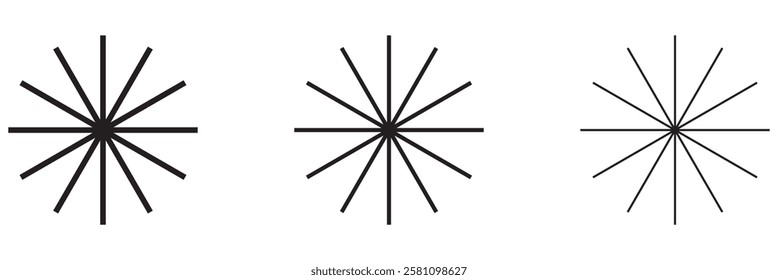 Radial circle lines. Circular lines elements. Symbol of Sun star rays. Flat design elements. Spokes with radiating stripes. Abstract illusion geometric shapes.