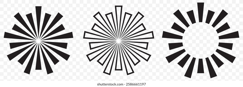 Radial circle lines. Circular lines elements. Symbol of Sun star rays. Flat design elements. Spokes with radiating stripes. Abstract illusion geometric shapes. EPS 10.